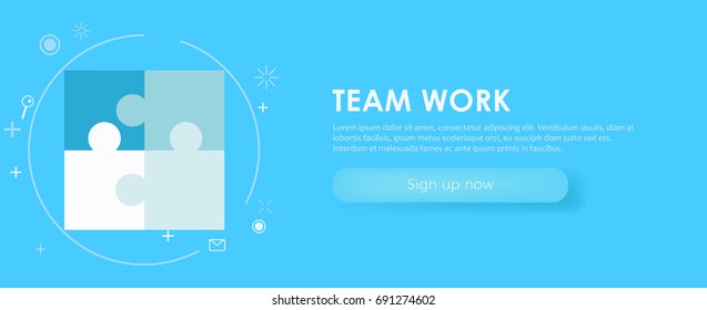 Team work banner. White blue set with painted puzzles. Vector flat illustration