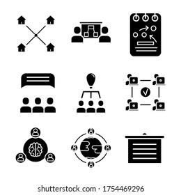 Conjunto de iconos negros de trabajo en equipo sobre fondo blanco