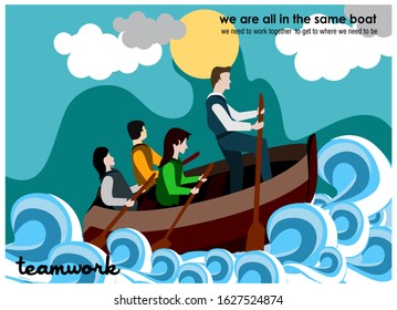 team work with boat.  flat design vector illustration. 