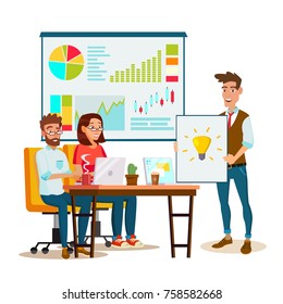 Team Work Brainstorming Vector. Presentation Of The Project. Innovation Idea Discussion People. Designer, Programmer. Global Planning. Flat Isolated Cartoon Illustration