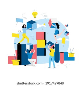 Team Work And Team Building, Corporate Organization And Partnership, Problem Solving, Creative Solution, Innovative Business Approach, Brainstorming, Unique Ideas And Skills Flat Vector Illustration