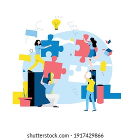 Team work, team building, corporate organization, partnership, problem solving, innovative business approach, brainstorming, unique ideas and skills, people with puzzle pieces flat vector illustration