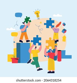 Team work, team building, corporate organization, partnership, problem solving, innovative business approach, brainstorming, unique ideas and skills, people with puzzle pieces flat vector illustration