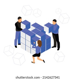 Team work and team building solving problem isometric 3d vector illustration concept for banner, website, illustration, landing page, template, etc