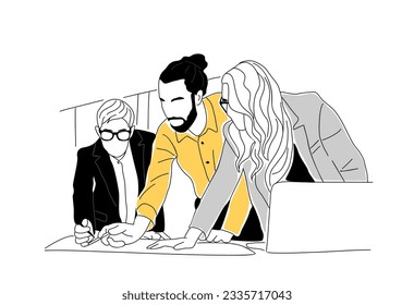 Concepto de negocios de trabajo en equipo. Diferentes hombres y mujeres trabajando juntos en el proyecto. Dibujo de estilo sencillo y moderno para diseño gráfico y web. Ilustración vectorial aislada en fondo blanco