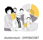 Team work business concept illustration. Different men and women working together. Modern vector simple outline style for graphic and web design. Isolated on white background.