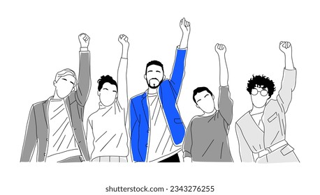 Team work business concept illustration. Different men and women standing with arms raised up, celebrating victory, success. Modern vector simple outline drawing Isolated on white background