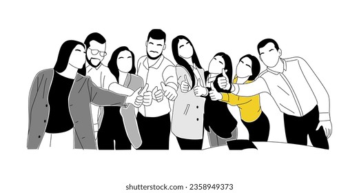 Team work business concept illustrations. Young men and women standing together with thumbs up. Modern vector simple outline drawing for graphic and web design. Isolated on white background