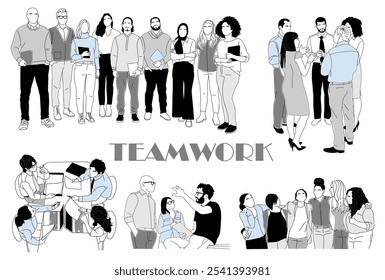 Ilustrações do conceito de negócios do trabalho em equipe. Conjunto de ilustrações de homens e mulheres trabalhando juntos. Estilo de contorno simples vetorial moderno para design gráfico e web. Isolado no fundo branco.