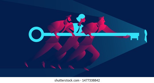 Team work business concept in red and blue neon gradients. Businessmen and businesswoman holding giant key to the keyhole