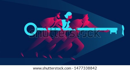 Team work business concept in red and blue neon gradients. Businessmen and businesswoman holding giant key to the keyhole