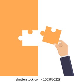 Team work business illustration concept, business hands connect puzzle, flat design vector illustration