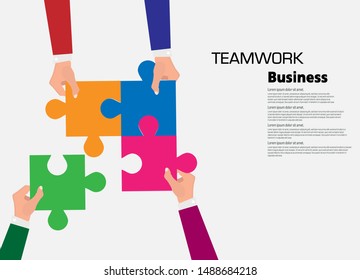 Team work business illustration concept, business hands connect puzzle, flat design vector illustration
