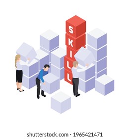 Team work in business isometric concept with people building word skill of blocks vector illustration