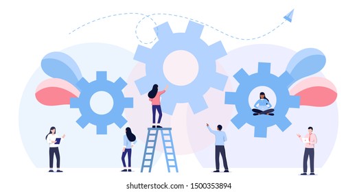 Team work business mechanism, gears, people are engaged in business promotion, strategy analysis, communication. leadership, direction to a successful path,career planning, career development