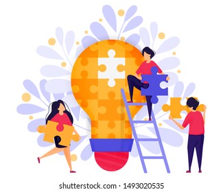 Team Work In Business. People Cooperate Solve Puzzles to Find Ideas and Solutions in Building a Startup Business . Character Concept Vector Illustration For Web Landing Page, Banner, Mobile Apps