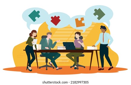 Team work. Business people coworking in space. Employees characters in meeting room. Colleague with business achievements.