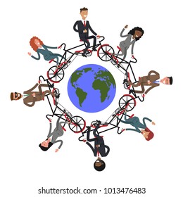 Team work. Business people set. Bicycle tandem riding. Office people.Different nationalities and dress styles. Vector illustration flat