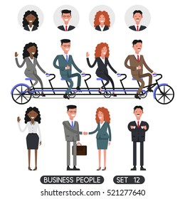 Team work. Business people set 12. Bicycle tandem riding. Office people.Different nationalities and dress styles.  Vector illustration