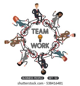 Team work. Business people set. Bicycle tandem riding. Office people.Different nationalities and dress styles.