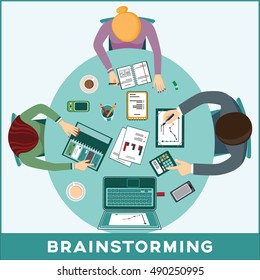 TEAM WORK - BUSINESS TEAM WORKING TOGETHER ON FINANCIAL STRATEGY - FLAT STYLE - TOP VIEW - VECTOR ILLUSTRATION