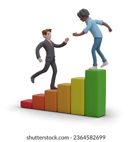 Trabajo en equipo, desarrollo profesional. Apoyo de entrenadores, ayuda de mentores. Clerk está alcanzando a otro empleado en una carrera multicolor. Concepto de negocio de vectores