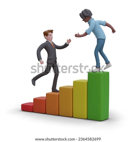 Team work, career development. Coach support, mentor help. Clerk is catching up with another employee on multicolored career ladder. Vector business concept