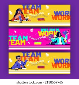 Team work cartoon web banners with business people think idea, creative teamwork. Man and woman sitting at desk writing notes, discuss new project and insights, Line art flat vector illustration