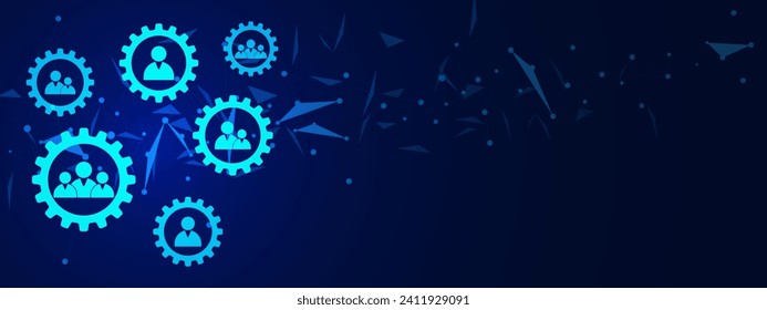 Team work or celebration for success. Team effort, team organization concept with people icon with gear on dark blue background. Vector illustration.