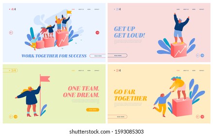 Team Work Challenge, Partnership and Leadership Website Landing Page Set. Businesspeople Pull Teammates to Peak of Success, Financial Rising Diagram Web Page Banner. Cartoon Flat Vector Illustration