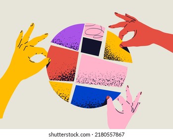 Team work or collaboration or partnership concept illustration with the hands are put together parts of abstract round shape. Vector illustration