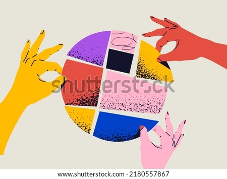 Team work or collaboration or partnership concept illustration with the hands are put together parts of abstract round shape. Vector illustration