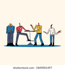 Team work and communication at the Coffee break employee. Vector Clip art for social networks, web design.  Keith haring style and modern design with Red, blue, yellow color