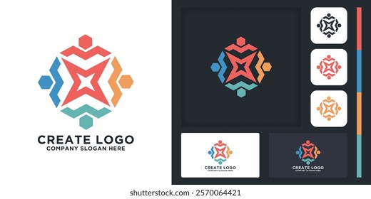 team work community logo design use abstract hexagon with star