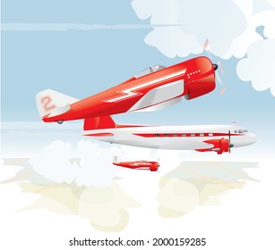 Team work concept, Aerial view of Two small fighter planes in red arrow livery paint escorting old passenger airliner vector illustration