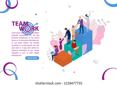 Team work concept.
Business management and administration. People characters, on business building.  Flat isometric infographics or banner. Illustration with text place isolated on white.