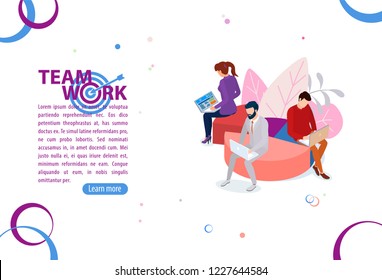 Team work concept.
Business management and administration. People characters working on a common project.  Flat isometric infographics or banner. Illustration with text place isolated on white.