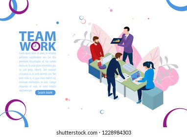 Team work concept.
Business management and administration. People characters discuss development strategy together.  Flat isometric infographics or banner. Illustration with text place isolated