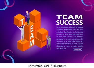 Team work concept.
Business management and administration. People characters working on a common project.  Flat isometric infographics or banner. Illustration with text place