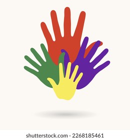 Team work concept. colorful hands connection. Hand prints different tone skin