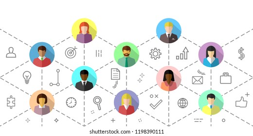 Team work concept with diverse business people interacting. Thin linear icons, dotted lines, flat design on white background.