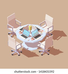 Team work concept. Financial report strategy or business analysis icon. Isometric vector illustration isolated on brown background.