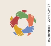 Team work concept. Five hands connection. Vector illustration in hand drawn flat style.