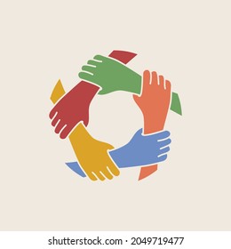 Team work concept. Five hands connection. Vector illustration in hand drawn flat style.