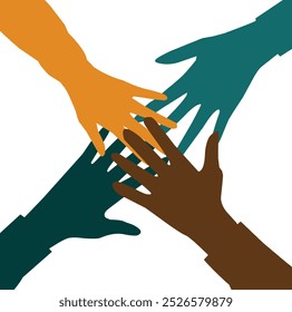 Team Work Concept In Friendship. Happy Friendship Day. Four Hands Connection, Vector Illustration, EPS File. Group Of Hands Isolated On White Screen. Hands Of Diverse Peoples.