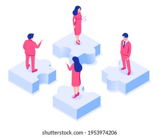 Concepto de trabajo en equipo. Un grupo de personas se pone de pie sobre unas piezas de rompecabezas. Ilustración vectorial en estilo isométrico. Aislado sobre fondo blanco