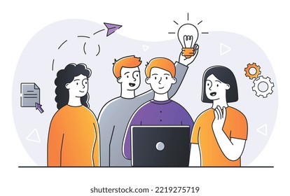 Team work concept. Group of people standing with laptop and looking at screen. Partners monitor their common success. Collaboration and cooperation, coworking. Cartoon flat vector illustration