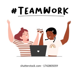 Team Work concept illustration. Two young woman doing and completing project tasks together using a laptop