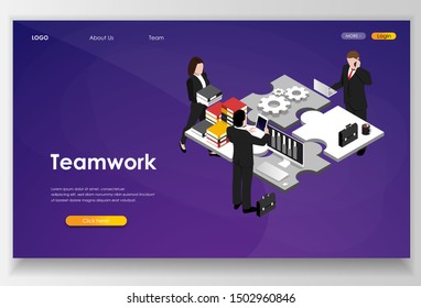 Team work concept, infographic of puzzle. Cooperation construction by agency group to create a team. Concept with characters flat isometric Vector illustration