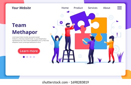 Team work concept, people connecting piece puzzle elements. business leadership, partnership. Modern flat web page design for website and mobile website development. Vector illustration